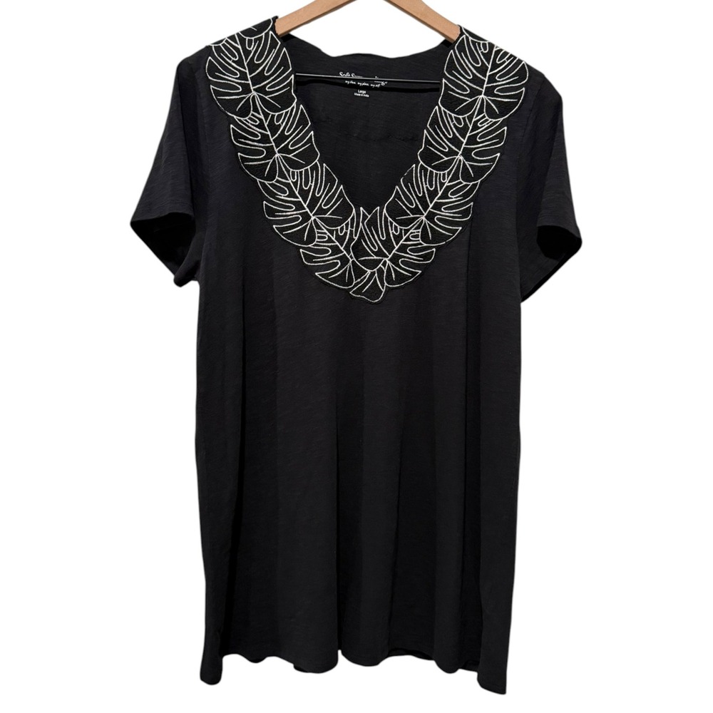 Soft Surroundings Boho Leaf Embroidered Tunic Top Women Sz L Black Short Sleeve